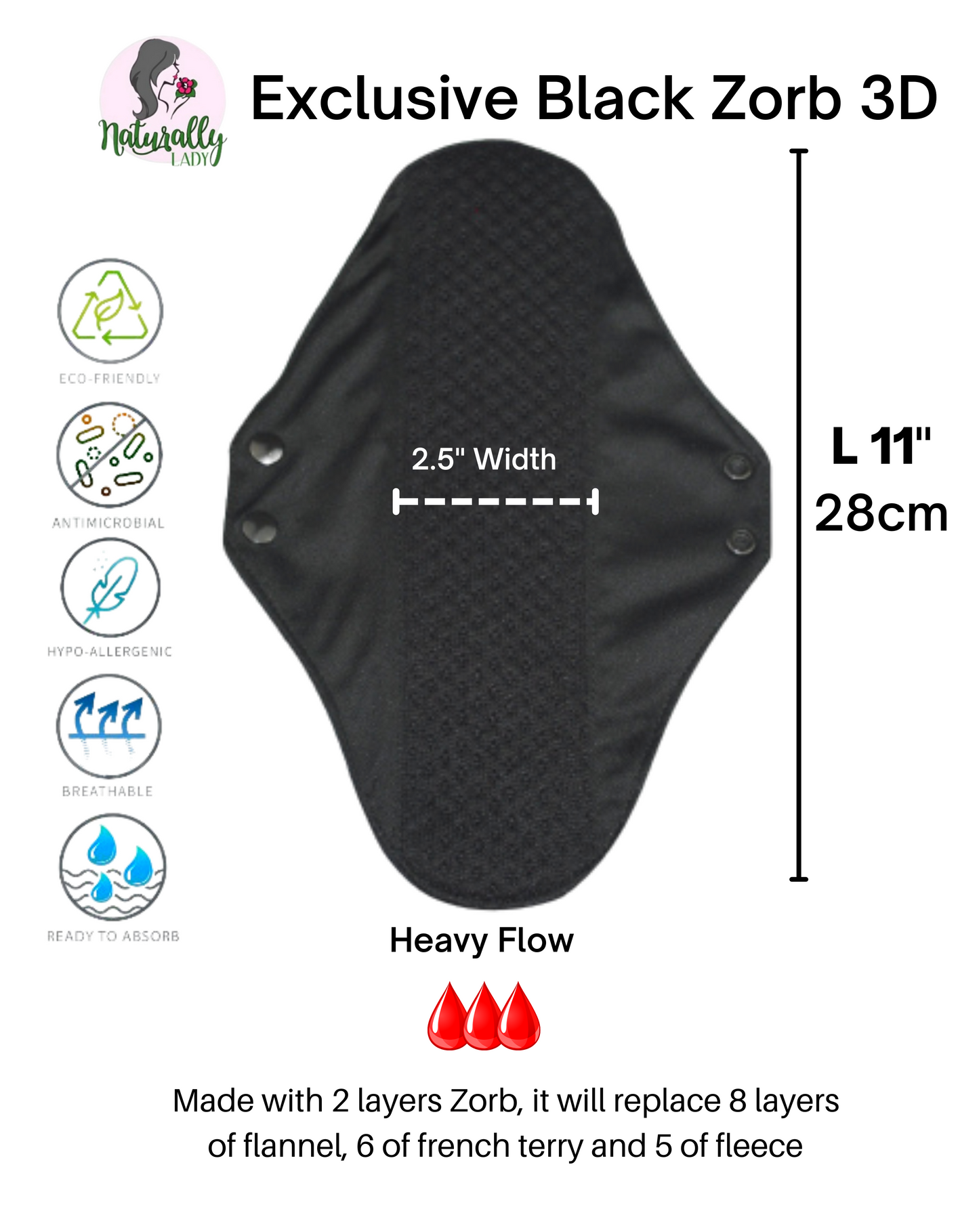 Reusable sanitary pads - Exclusive Black Zorb- Zorb 3D Stay Dry with Silvadour - Made to order