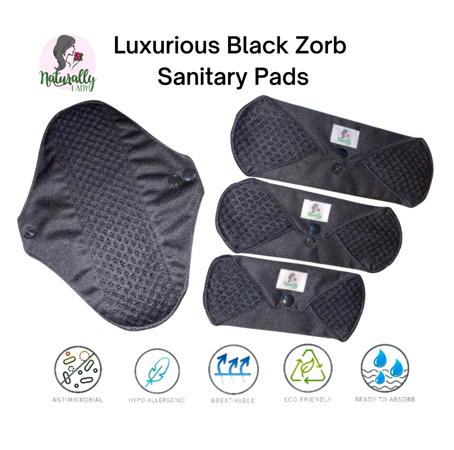 Reusable sanitary pads - Exclusive Black Zorb- Zorb 3D Stay Dry with Silvadour - Made to order