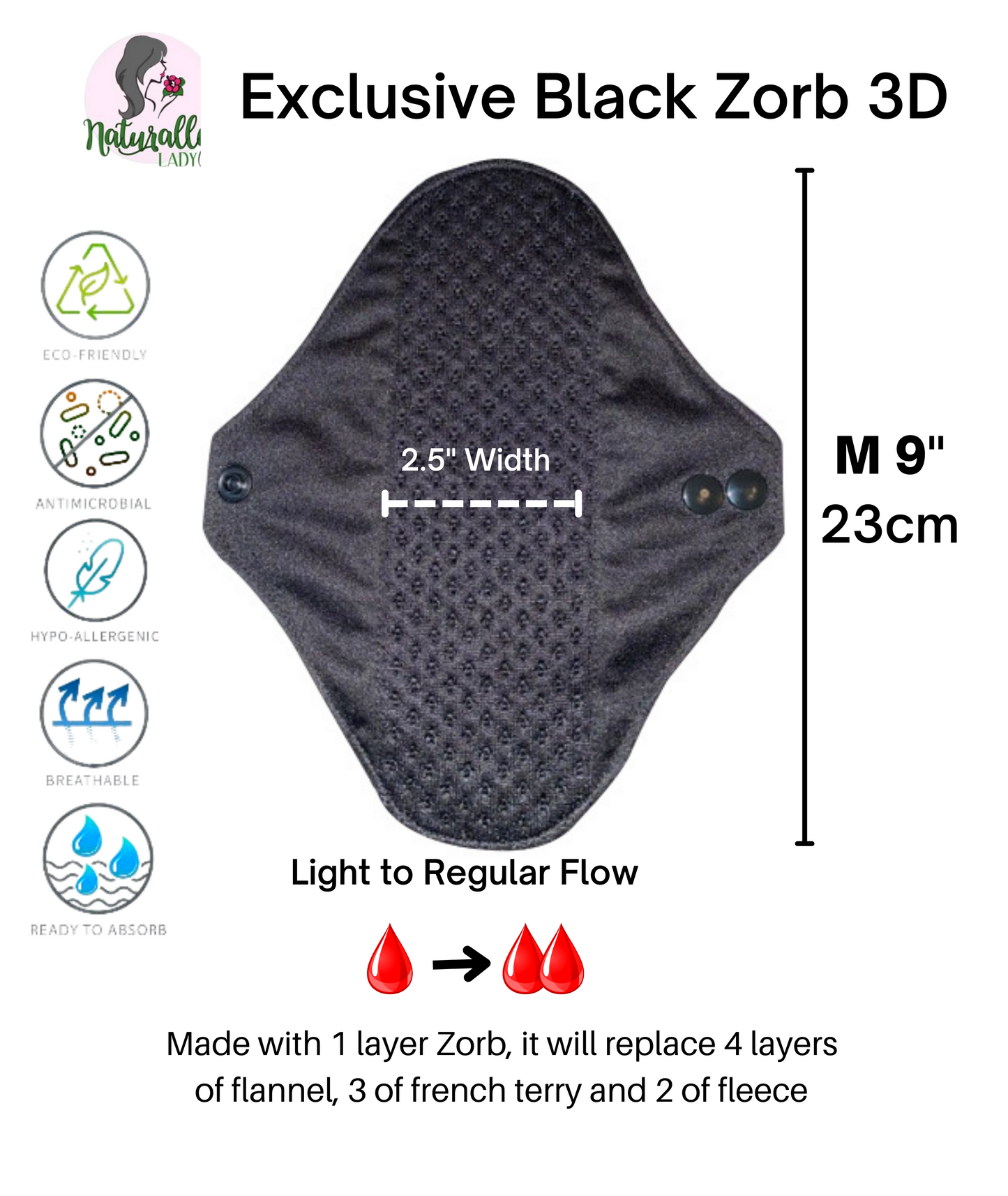 Reusable sanitary pads - Exclusive Black Zorb- Zorb 3D Stay Dry with Silvadour - Made to order