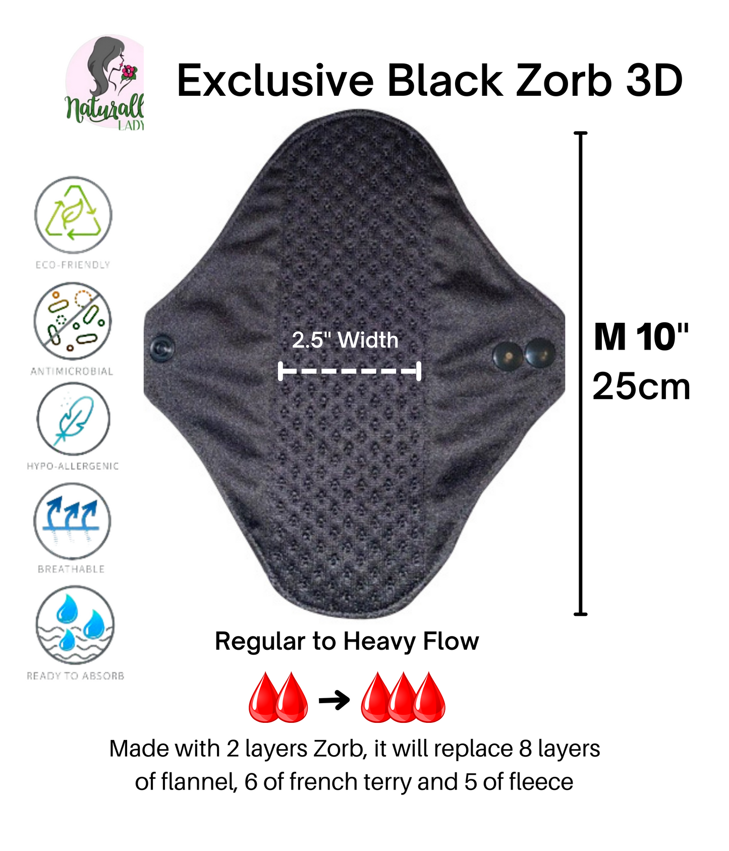 Reusable sanitary pads - Exclusive Black Zorb- Zorb 3D Stay Dry with Silvadour - Made to order