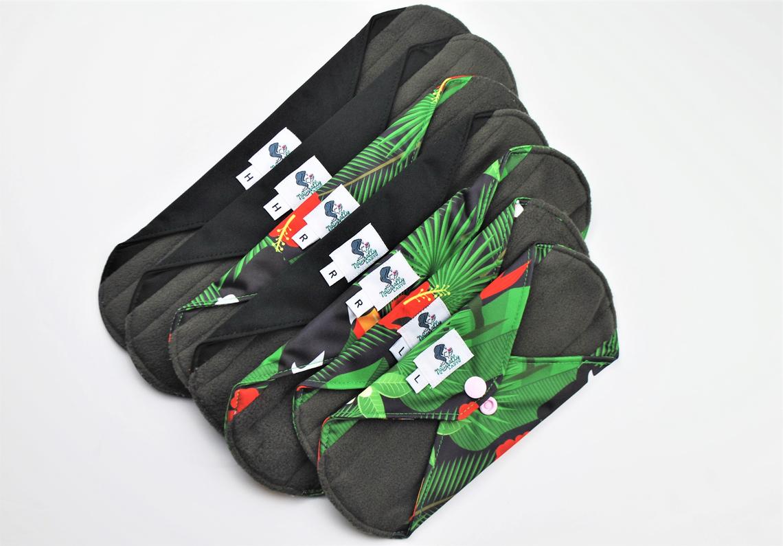 Reusable Sanitary Pads Toucan - 7 pcs Set ( 4 Size M and 2 Size L for heavy flow or night time + Wet Bag)