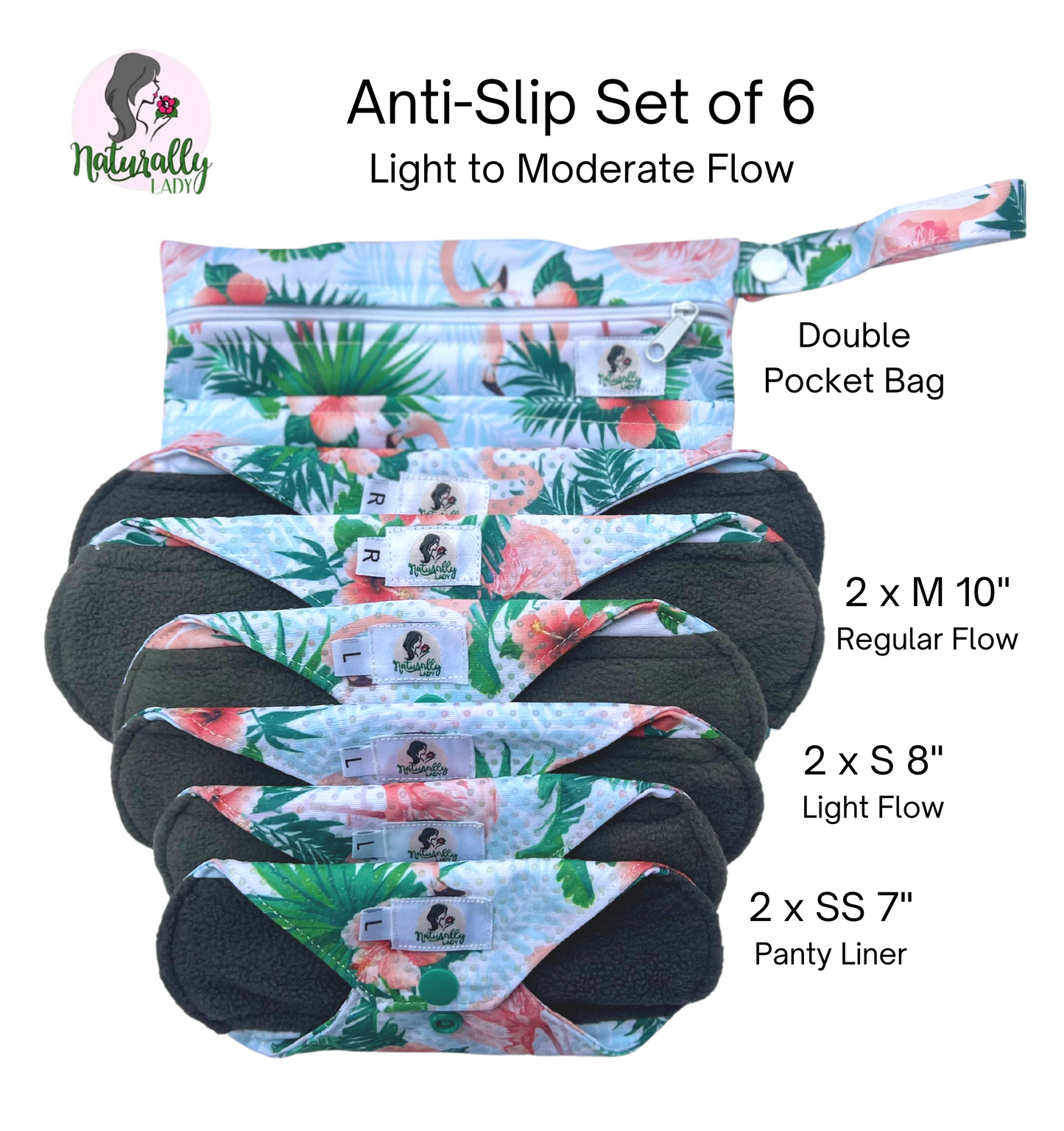 Reusable Sanitary Pads Anti-Slip Flamingo - 7pcs Starter Set - YOU CHOOSE Sizes to compose your set