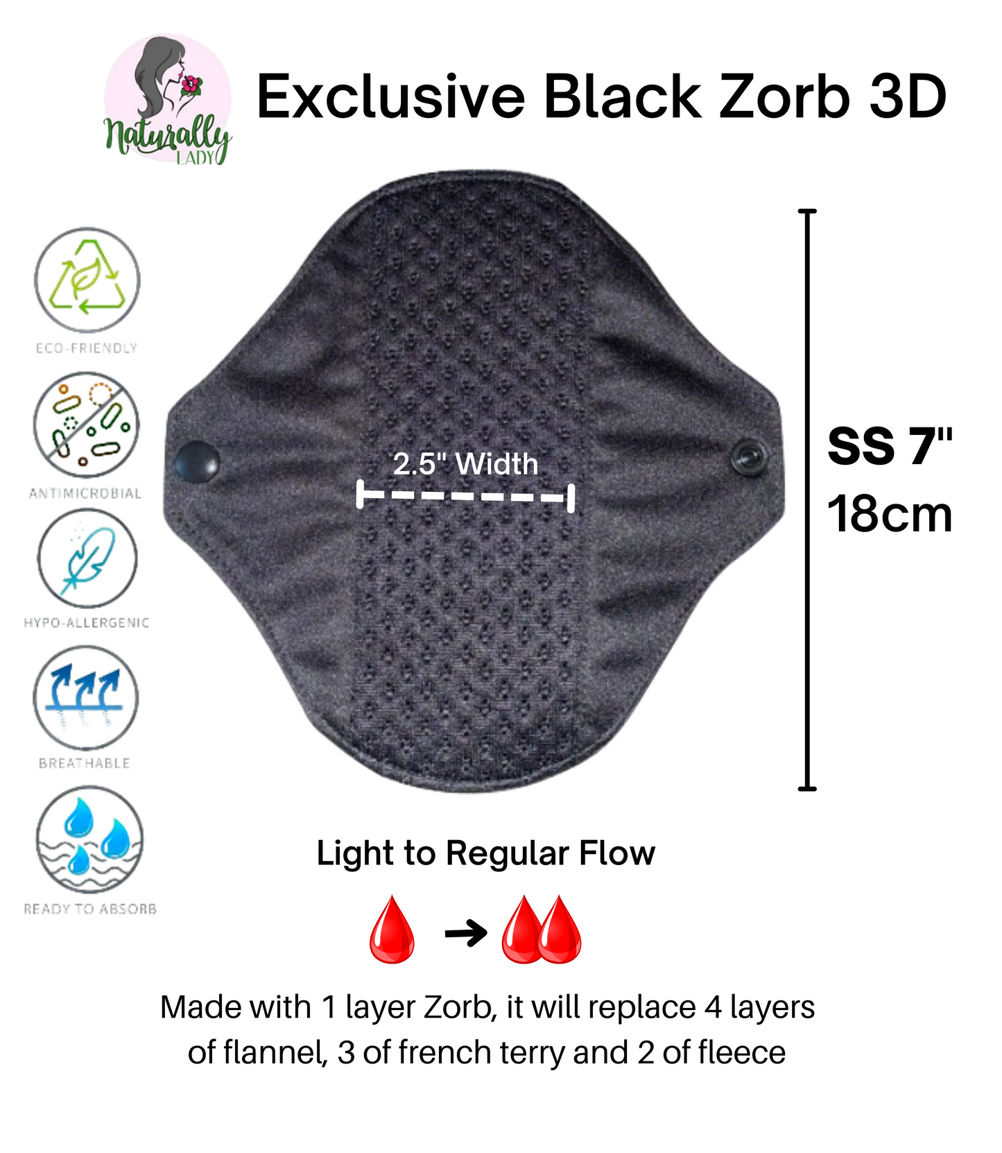 Reusable sanitary pads - Exclusive Black Zorb- Zorb 3D Stay Dry with Silvadour - Made to order