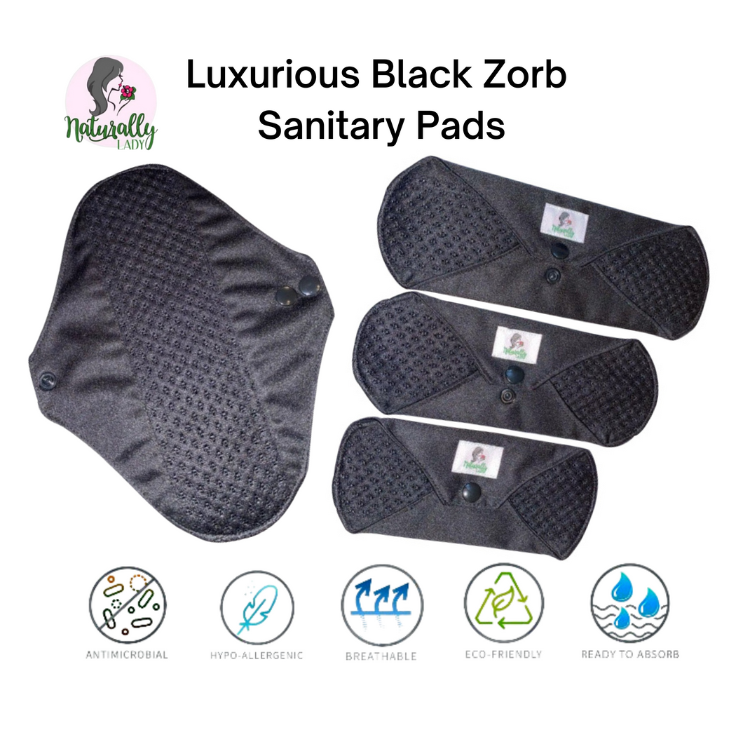Made to Order - Exclusive Black Zorb reusable sanitary menstrual cloth pads towels napkins - Zorb 3D Stay Dry with Silvadour