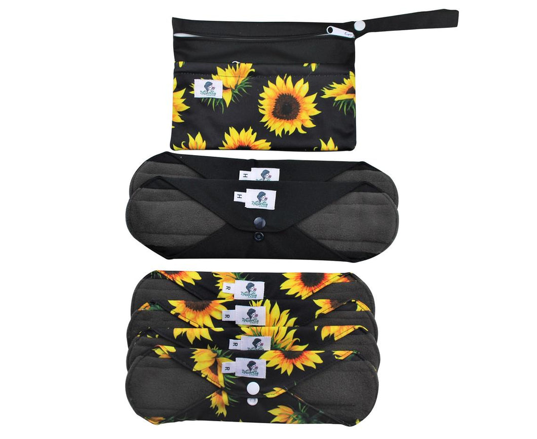7 pcs Set - Sunflower Reusable Cloth Menstrual Sanitary Towels Pads eco zero waste| gift for her ( for moderate and heavy flow)