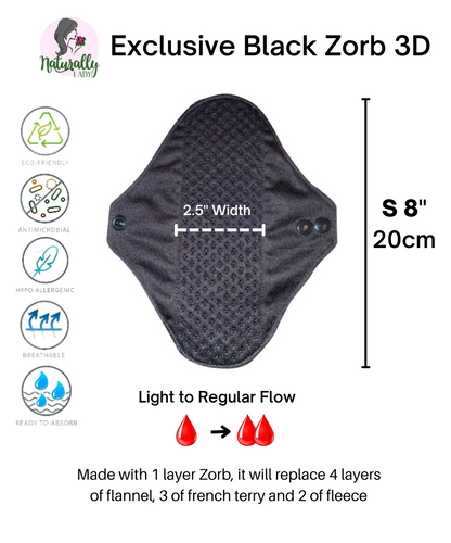 Reusable sanitary pads - Exclusive Black Zorb- Zorb 3D Stay Dry with Silvadour - Made to order