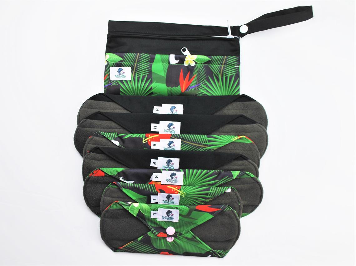 Reusable Sanitary Pads Toucan - 7 pcs Set ( 4 Size M and 2 Size L for heavy flow or night time + Wet Bag)