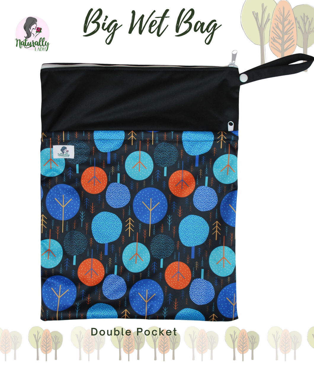 Big Wet Bag 30cm x 40cm Trees pattern for baby nappies or reusable cloth sanitary pads towels face masks - Eco zero waste - Double Pockets