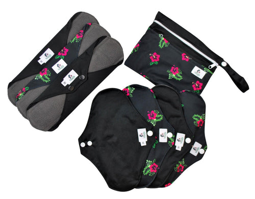 Naturally Lady Reusable Sanitary Pads Black and Flower Print
